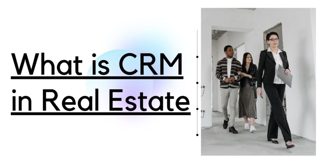 Illustration of CRM software in a real estate setting, with agents managing leads and engaging with clients.